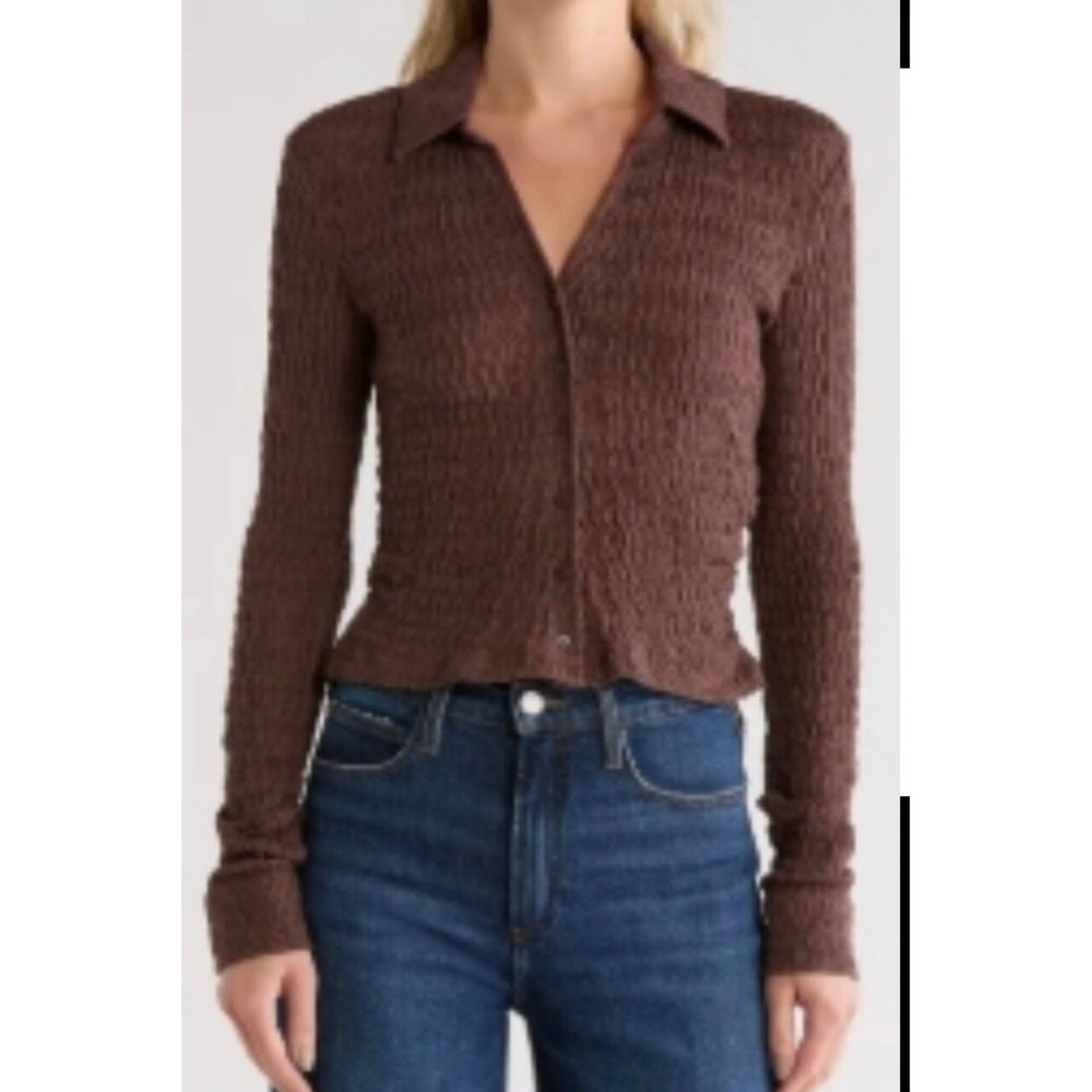 All Saints Connie Slim Fit Brown Crinkle Textured V-Neck Top Long Sleeve US 6